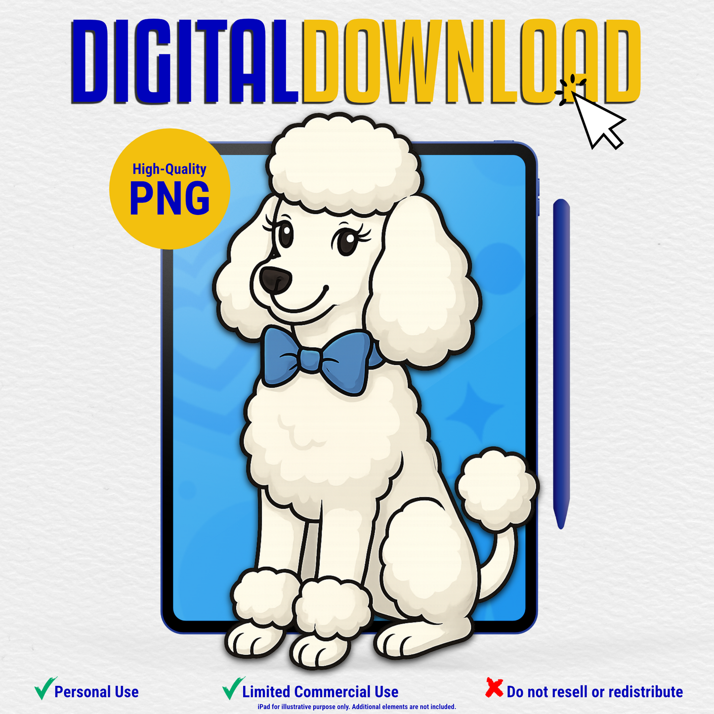 Poodle Clipart-White Poodle with Royal Blue Bow (Instant Digital Download)