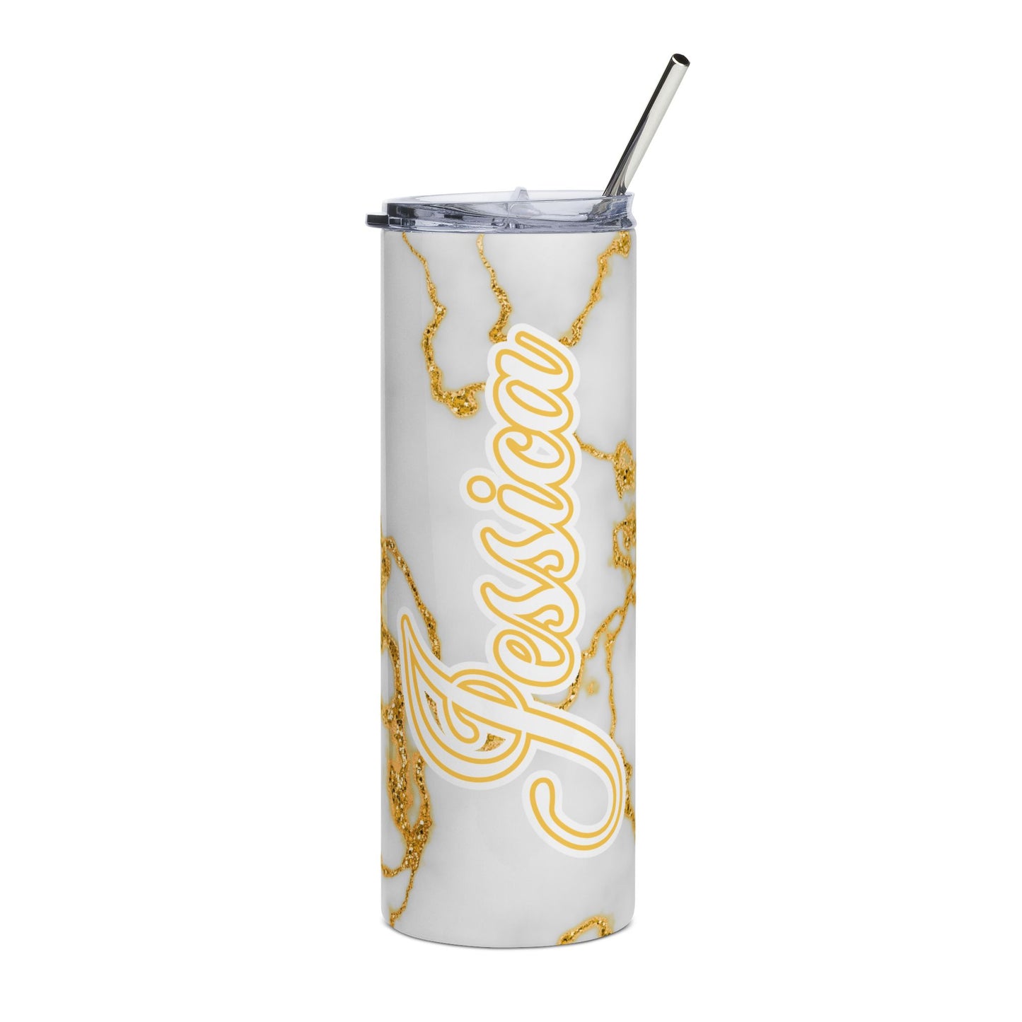 Personalized Marble Stainless Steel Tumbler | White and Gold