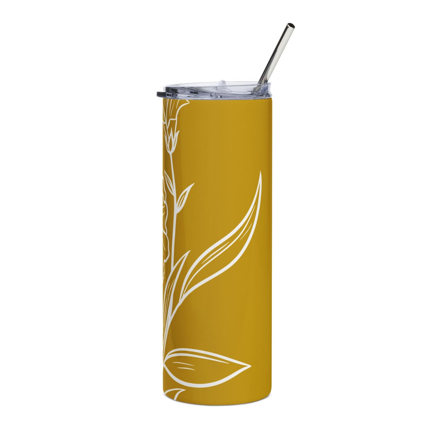 White Carnation Line Art Stainless Steel Tumbler | White and Gold