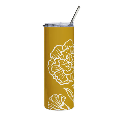 White Carnation Line Art Stainless Steel Tumbler | White and Gold
