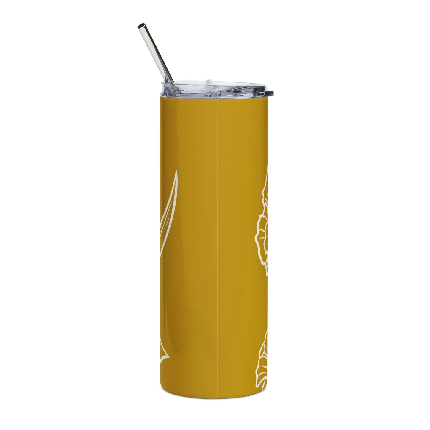 White Carnation Line Art Stainless Steel Tumbler | White and Gold