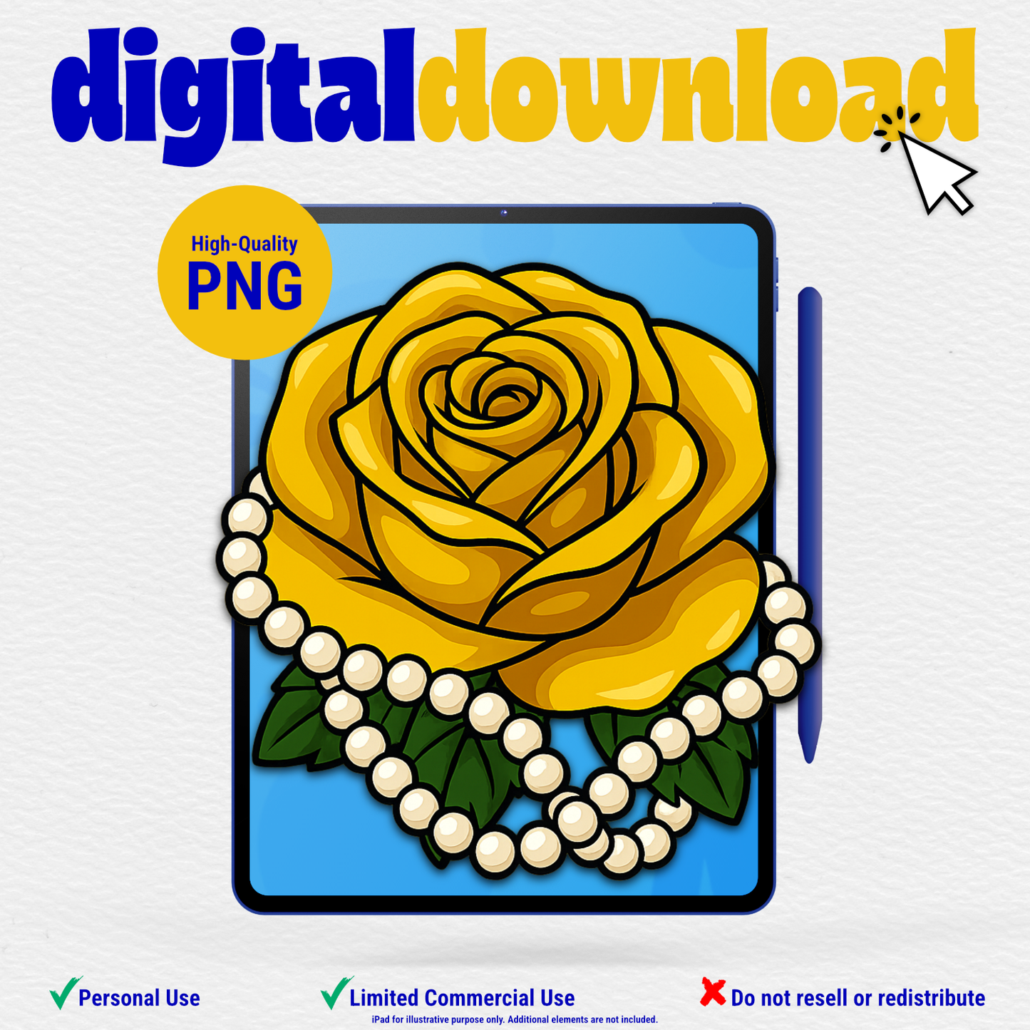 Single Yellow Rose with Pearls Clipart (Instant Digital Download)