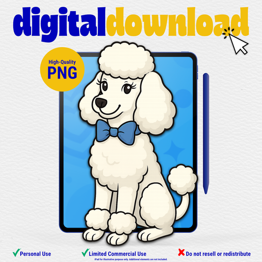 Poodle Clipart-White Poodle with Royal Blue Bow (Instant Digital Download)