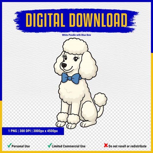 Poodle Clipart-White Poodle with Royal Blue Bow (Instant Digital Download)