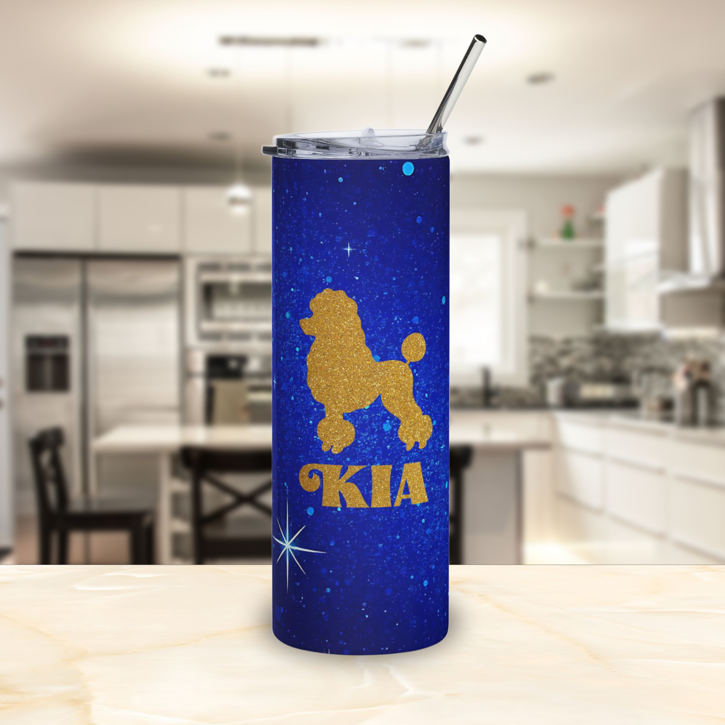 Personalized Faux Glitter Poodle Tumbler | Blue and Gold