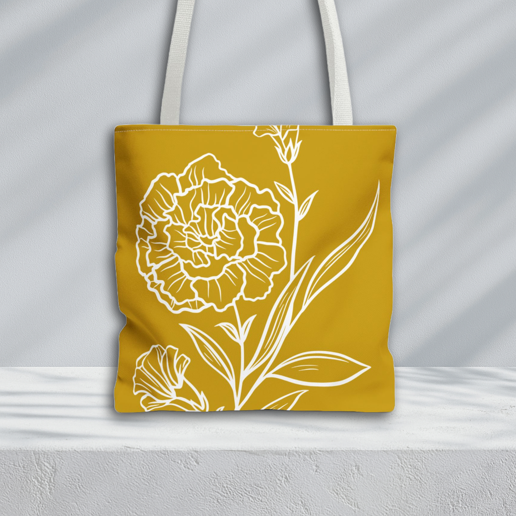 Carnation Line Art Tote Bag | White and Gold
