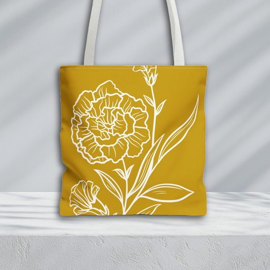 Carnation Line Art Tote Bag | White and Gold