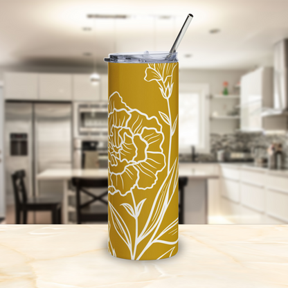 White Carnation Line Art Stainless Steel Tumbler | White and Gold