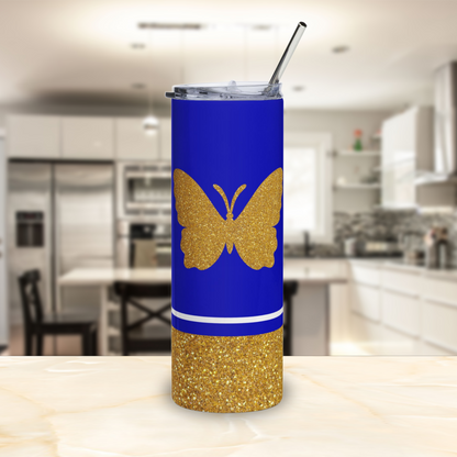 Faux Glitter Butterfly Icon Stainless Steel Tumbler | Blue and Gold