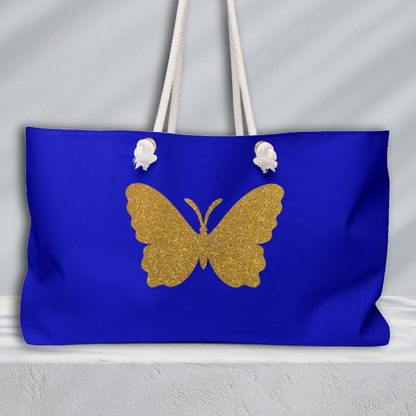 Faux Glitter Butterfly Icon Weekend Travel Bag | Blue and Gold