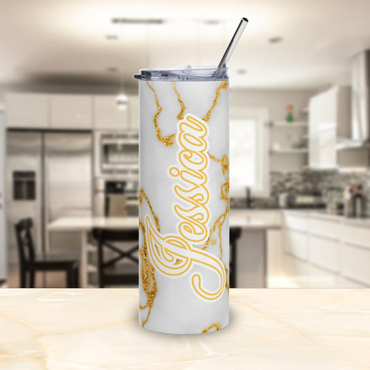 Personalized Marble Stainless Steel Tumbler | White and Gold
