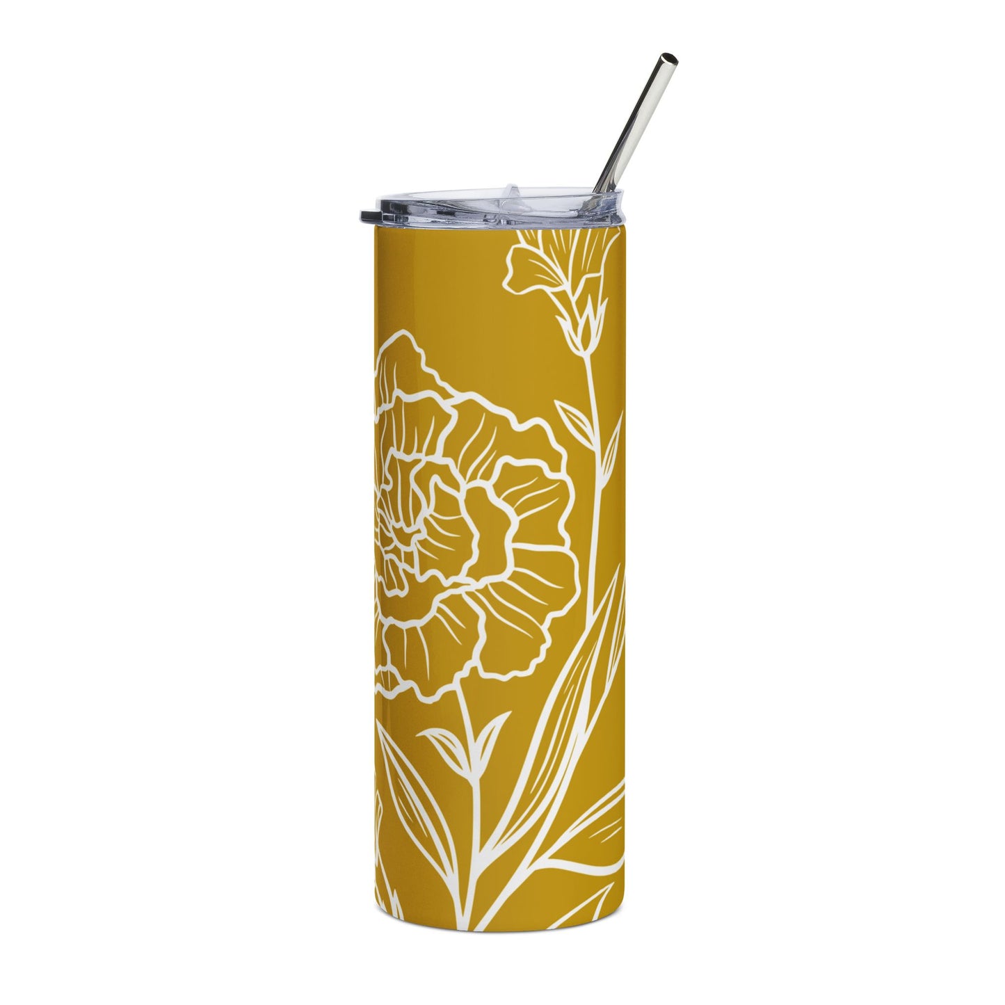 White Carnation Line Art Stainless Steel Tumbler | White and Gold