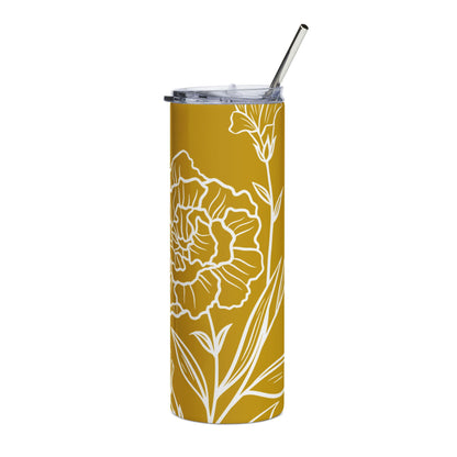 White Carnation Line Art Stainless Steel Tumbler | White and Gold