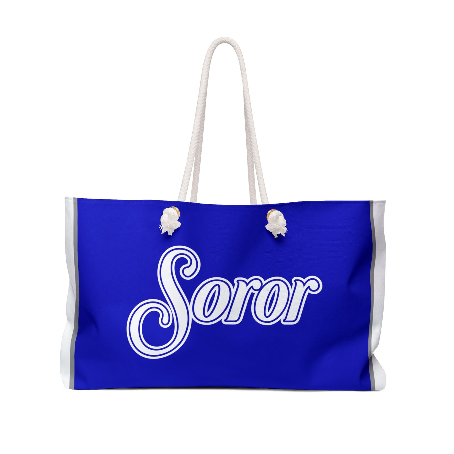 Blue bag with 'Soror' text on a white background