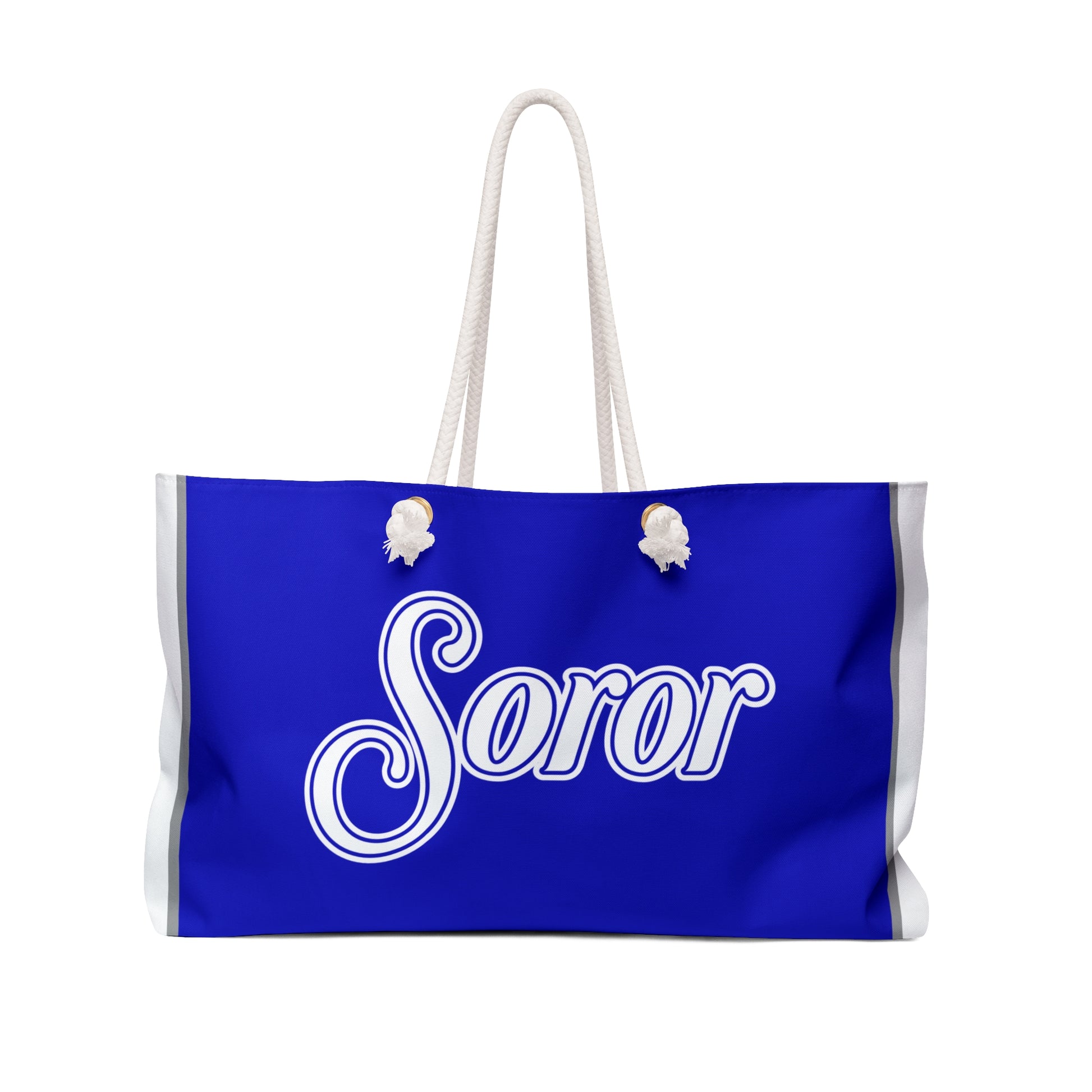 Blue bag with 'Soror' text on a white background