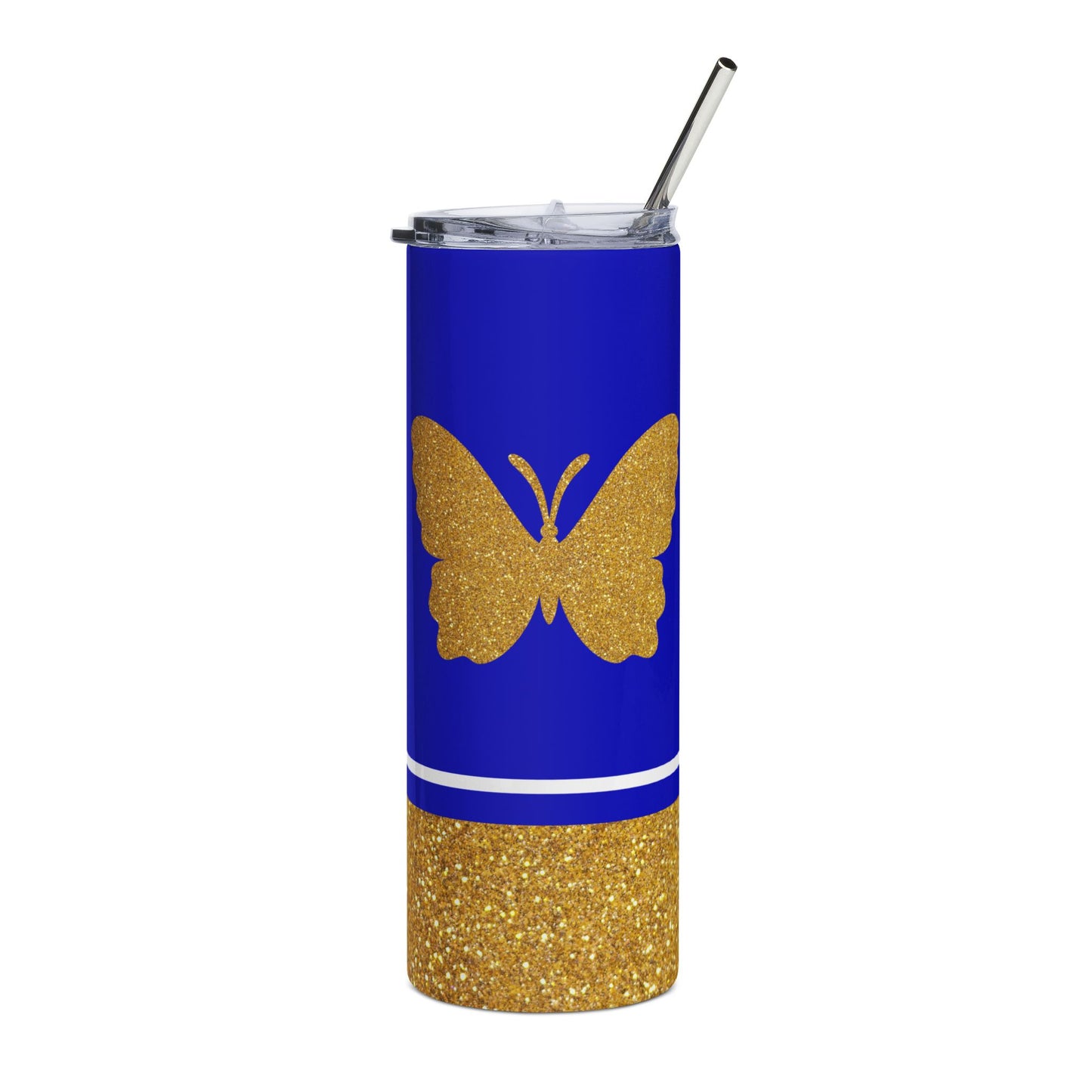 Faux Glitter Butterfly Icon Stainless Steel Tumbler | Blue and Gold