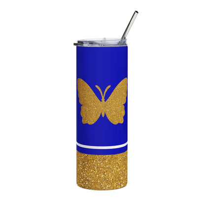 Faux Glitter Butterfly Icon Stainless Steel Tumbler | Blue and Gold