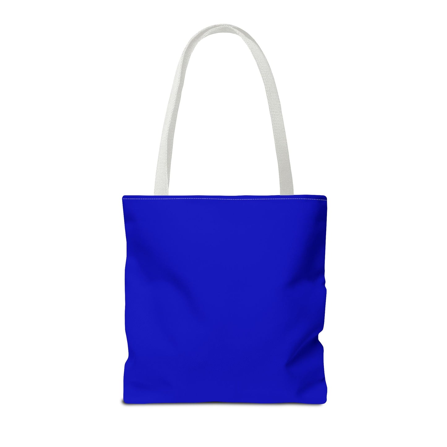 Blue tote bag with white handles on a white background