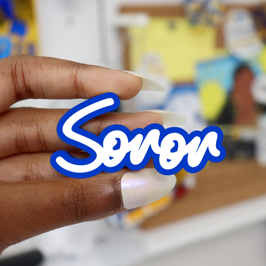 "Soror" Pin- White and Royal Blue