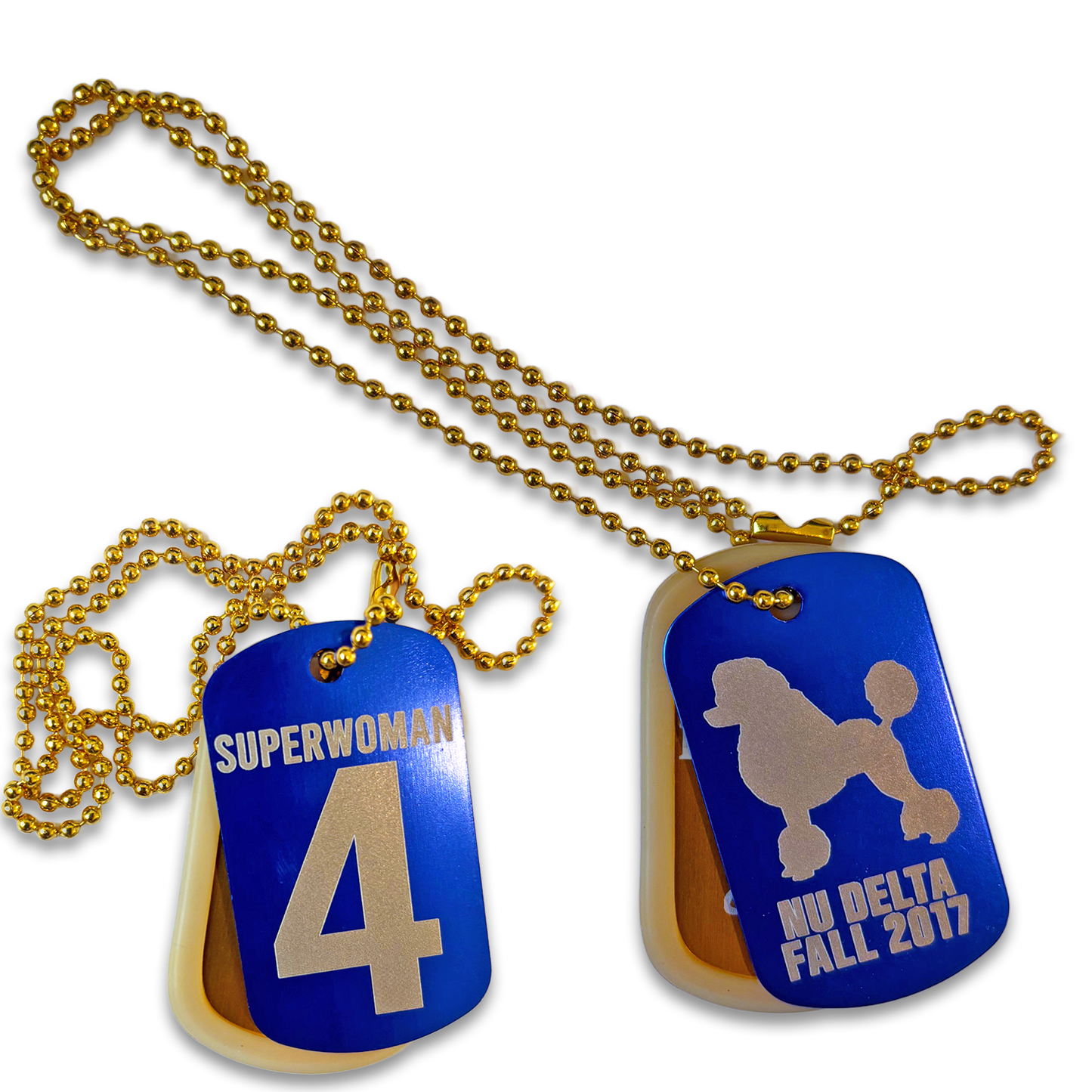 Blue dog tags with gold ball chain