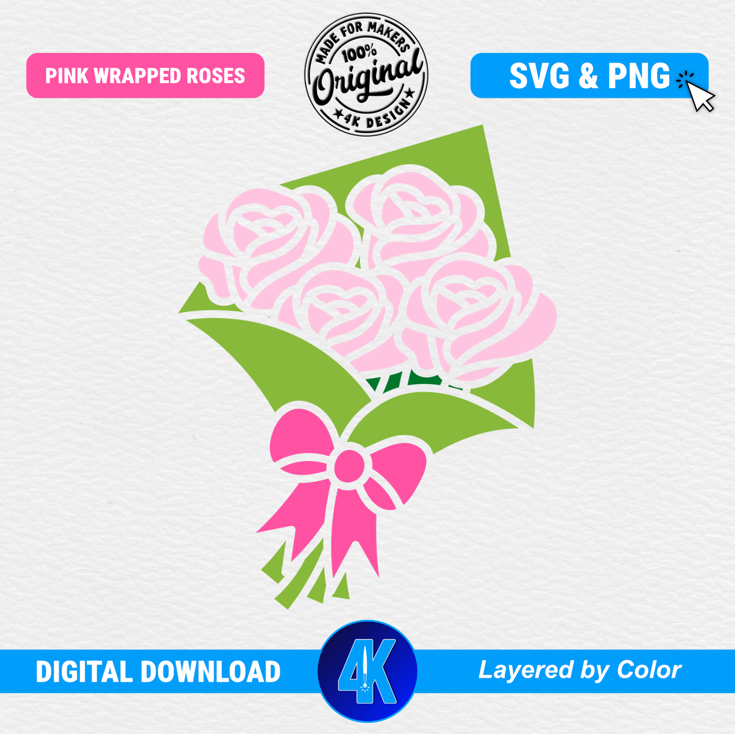 Pink Wrapped Roses | Pink & Green | SVG & PNG
