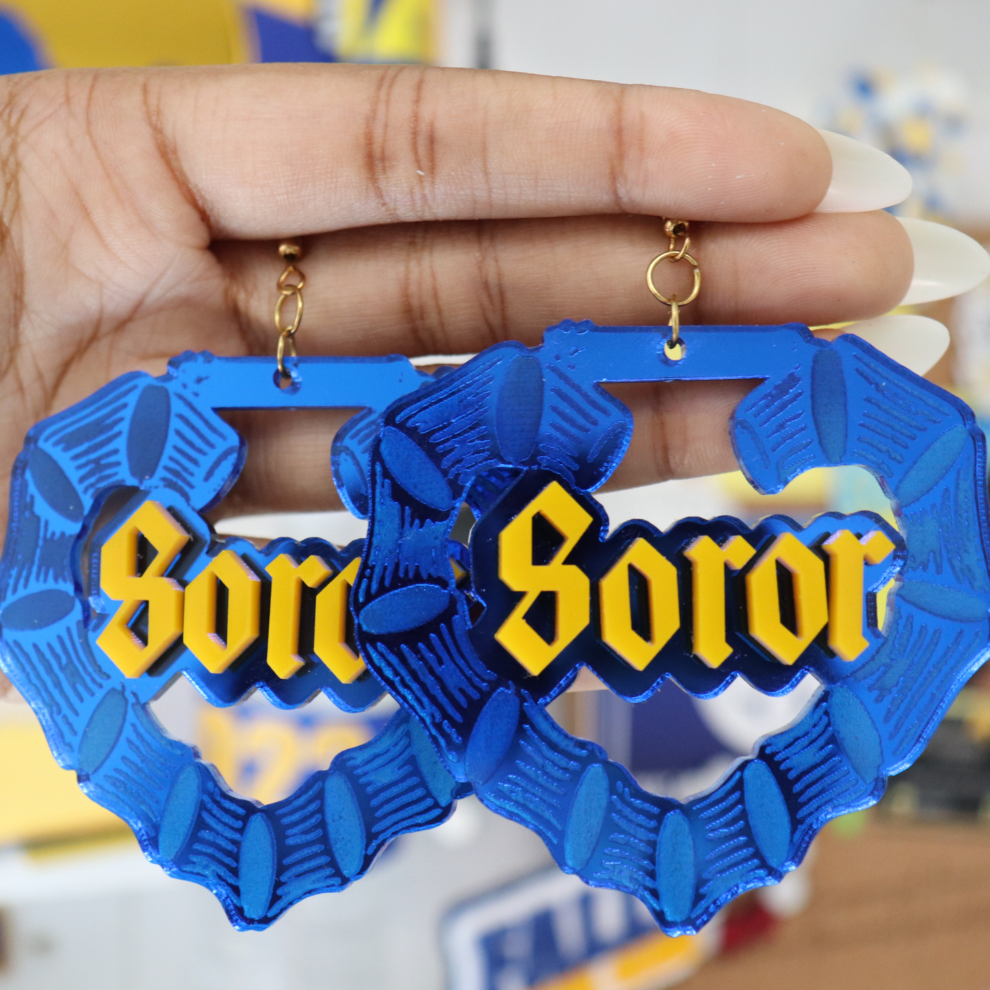 Acrylic Heart Bamboo Style Soror Earrings | Blue or Gold