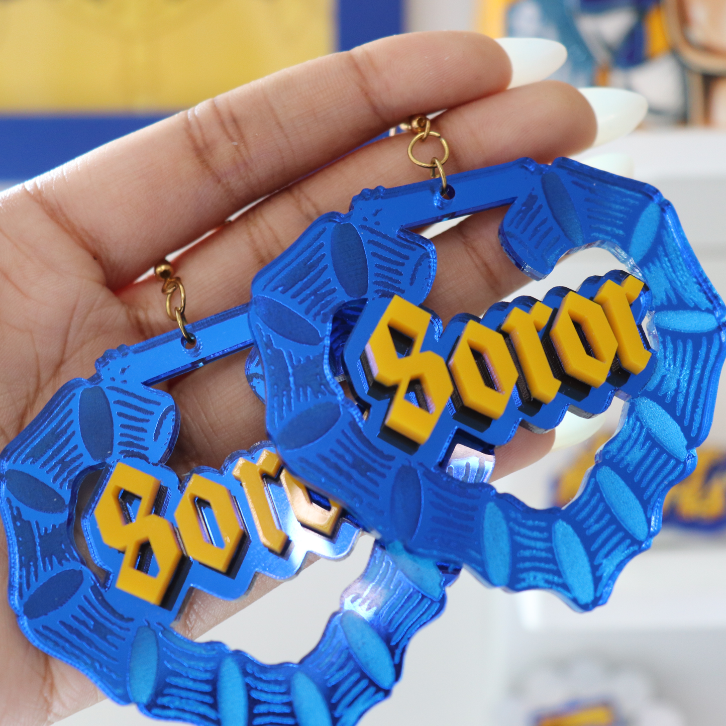 Acrylic Heart Bamboo Style Soror Earrings | Blue or Gold