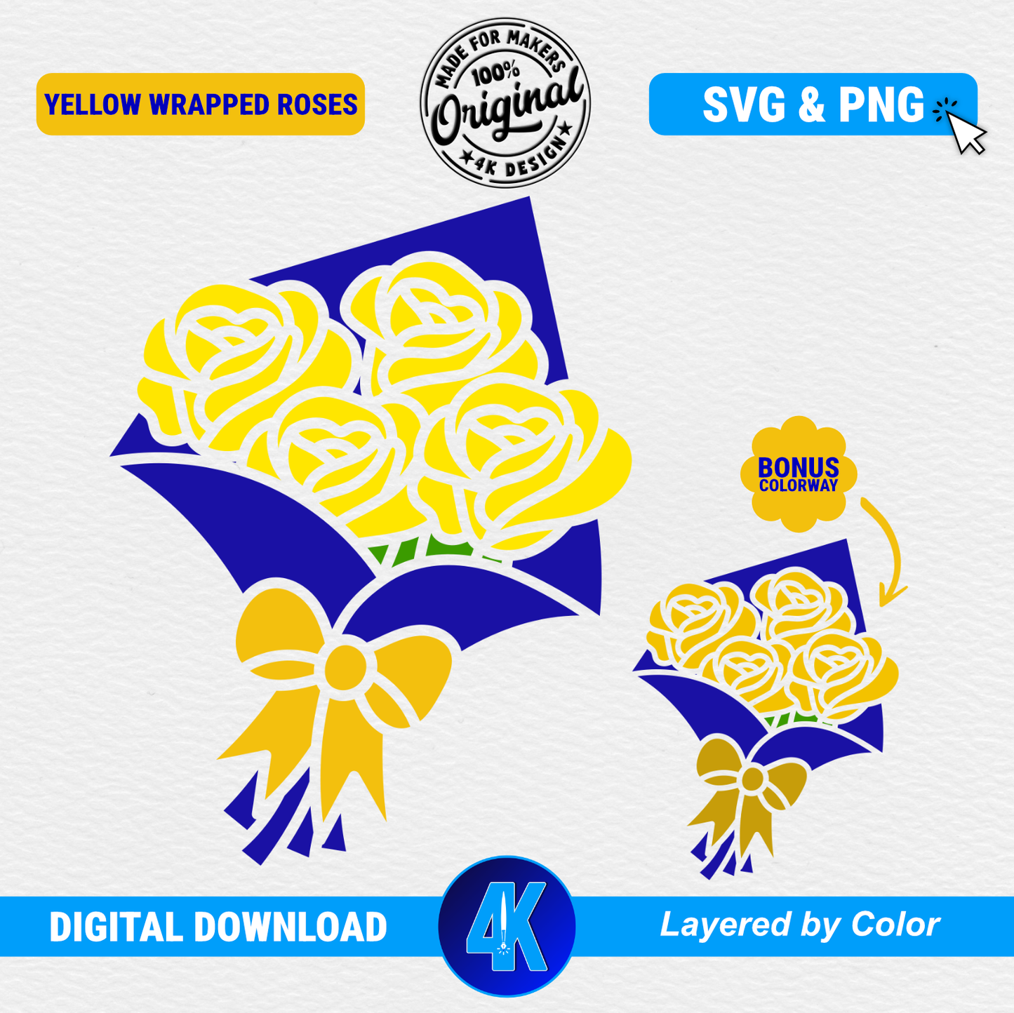 Yellow Wrapped Roses | Blue & Gold | SVG & PNG